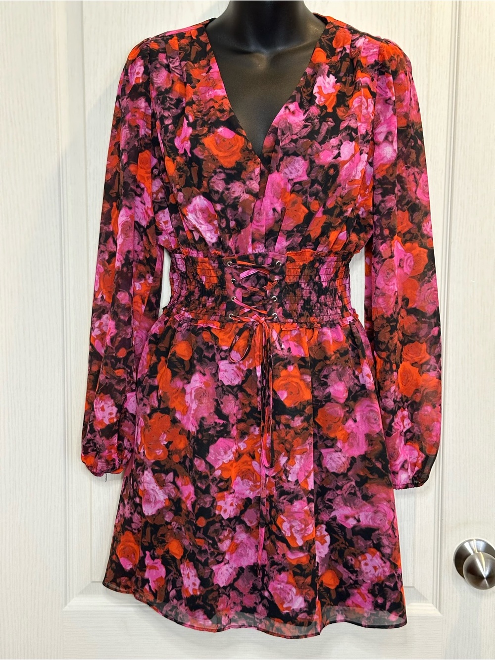 Steve Madden Diana floral mini dress corset style waist romantic sleeve - S
